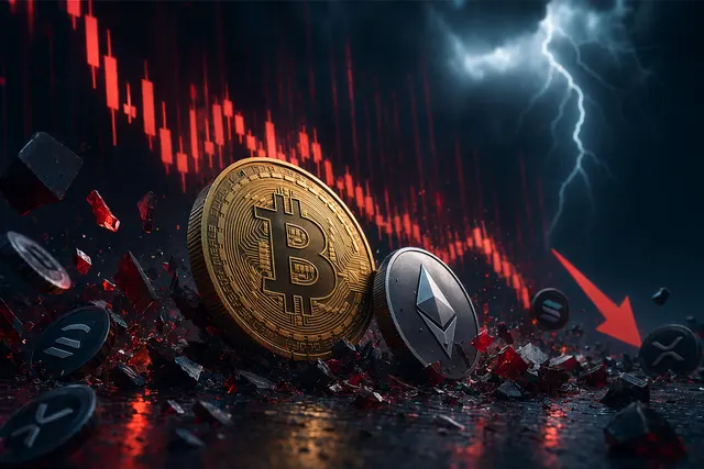 Illustration of a crypto market crash and cascading futures liquidations after Bitcoin drops below $75K