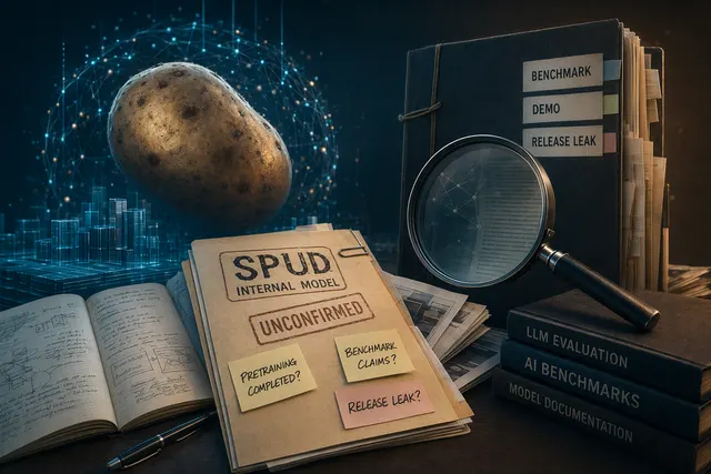 GPT-5.5「Spud」傳聞事實核查的抽象 AI 編輯室畫面