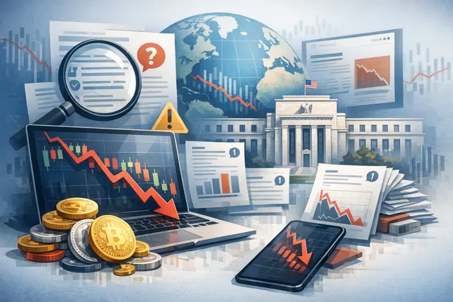 A digital illustration showing a downward-trending stock chart and cryptocurrency Bitcoin symbol, representing the simultaneous tech and crypto selloff on June 26, 2026.