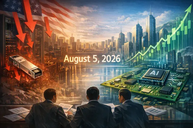 Editorial illustration of optical transceivers, printed circuit boards and AI chips in China’s technology supply chain