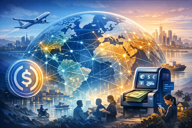 Abstract illustration of USDC digital coins flowing through a network of connection lines into various global currencies, representing Circle and Nium's cross-border payment settle