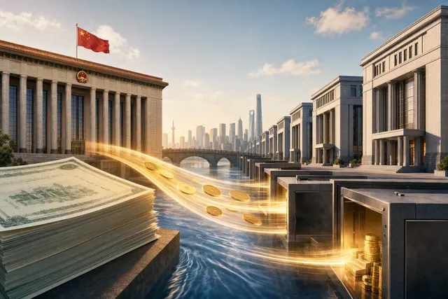 Editorial illustration of China’s state financial recapitalization using special treasury bonds