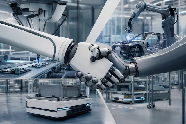 Industrial robot arms and digital factory controls representing the Omron Robotics and Comau automation collaboration