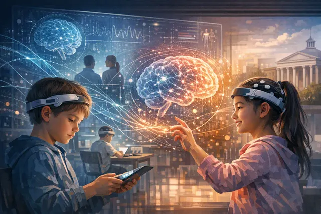 Conceptual illustration of a child wearing brain-sensing earbuds surrounded by neural signals and everyday wearable technology