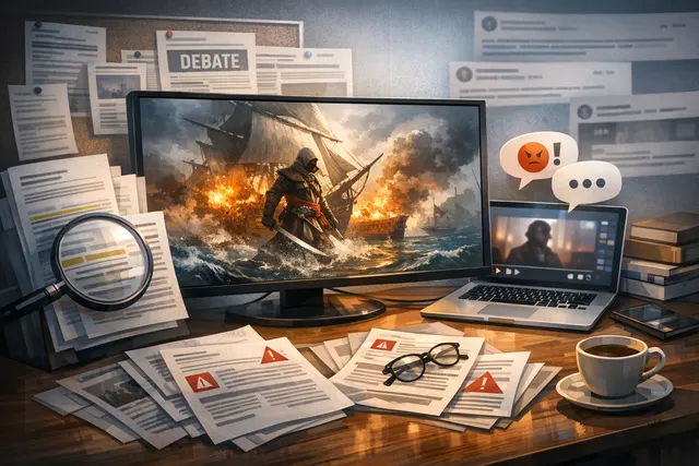 A conceptual image representing the controversy around Assassin's Creed Black Flag Resynced, with a pirate ship and stacks of gold coins and DLC items.
