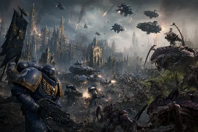Warhammer 40,000 Dawn of War IV RTS battlefield with Space Marines and alien factions clashing