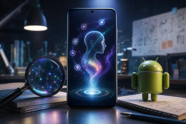 Stylized Android phone showing an AI assistant interface for the Google COSMO leak