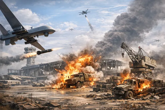 A tactical drone strike on a military airfield at dusk, symbolizing the systematic 'asymmetric influence' campaign against Russian-occupied Donetsk Airport.