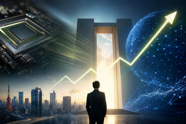 Illustration of SoftBank connected to AI companies like OpenAI and chip infrastructure representing the AI investment boom