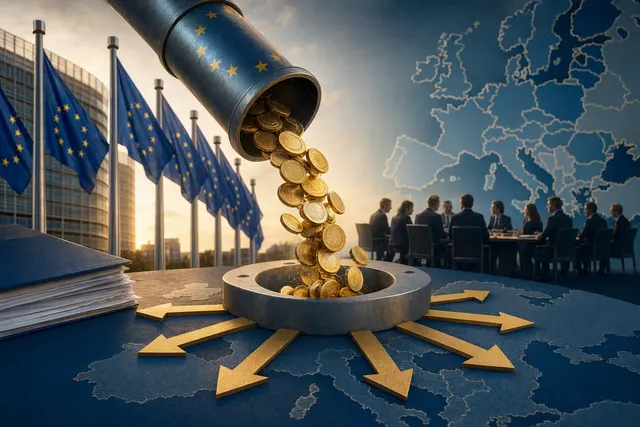 Editorial illustration representing Google fine revenue and EU member-state budget contributions