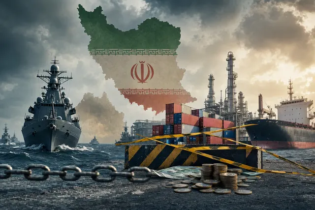 Illustrative graphic accompanying an article about U.S. economic pressure on Iran