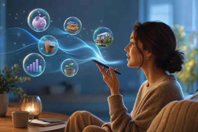 Illustration of AI-powered voice banking on a smartphone