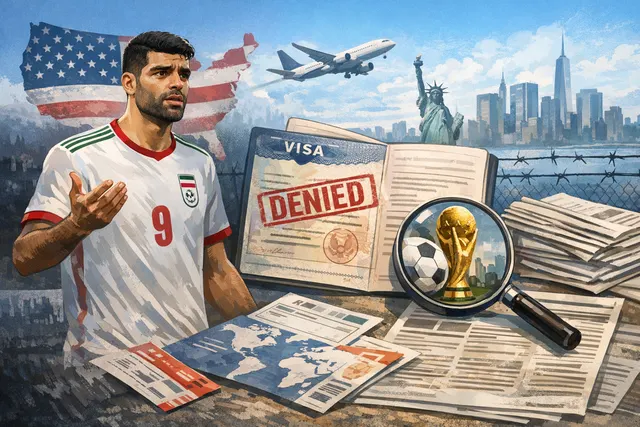 AI-generated editorial image for the story of Iran captain Mehdi Taremi and the 2026 World Cup visa crisis