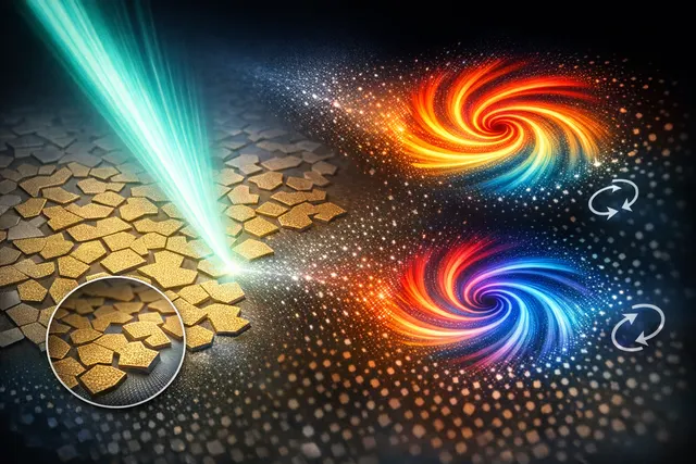 Artistic visualization of nanoscale einstein hat tile patterns producing a pinwheel-like chiral diffraction pattern with laser light.