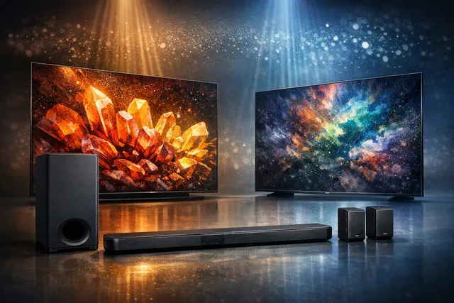 Sony Bravia Theater Trio wireless speaker system and True RGB television in a modern living room setting.
