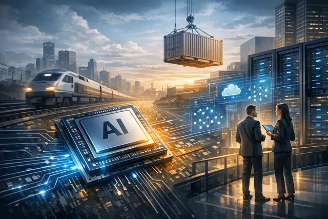 Editorial visualization of Amazon Trainium AI chips and cloud infrastructure representing Amazon's vertical integration strategy and competition with Nvidia.