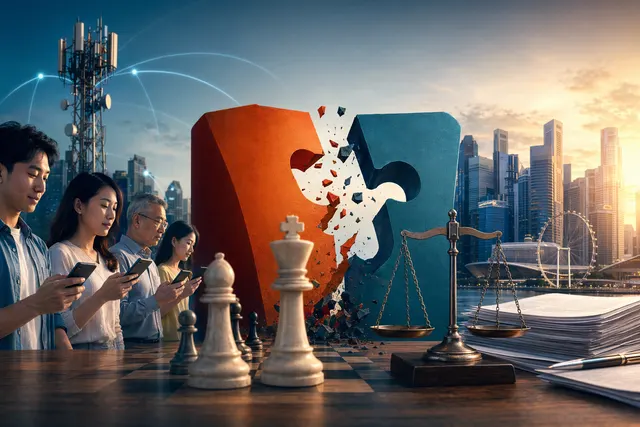 Illustration representing the collapsed Simba Telecom and M1 merger and competition in Singapore’s telecom market