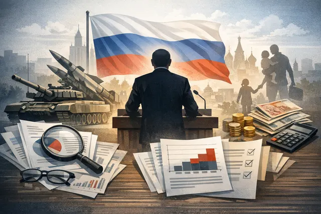 A conceptual illustration of the Russian federal budget, with military spending dominating the pie chart while social and civilian sectors are squeezed.