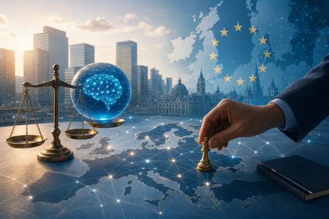 Editorial illustration representing AI regulation and investment decisions in Europe