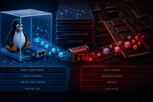 Conceptual illustration of virtual-machine network traffic reaching the Linux host kernel