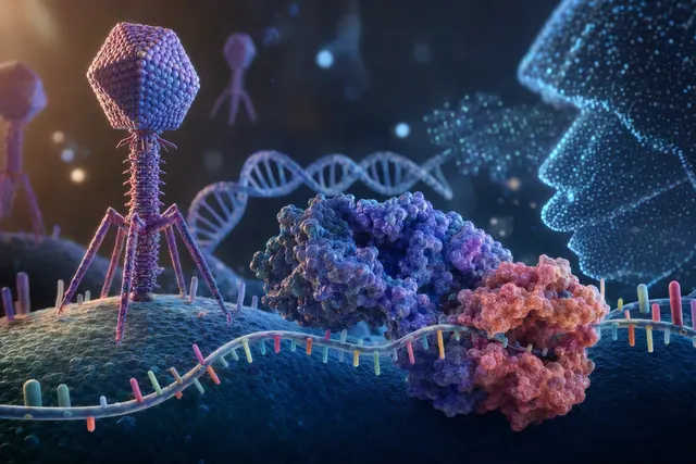 AI-generated editorial illustration accompanying research into ART in bacteriophage DNA