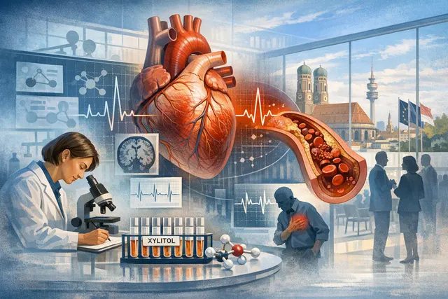 Editorial illustration of xylitol sweetener alongside a heart and blood vessel, representing research into cardiovascular risk