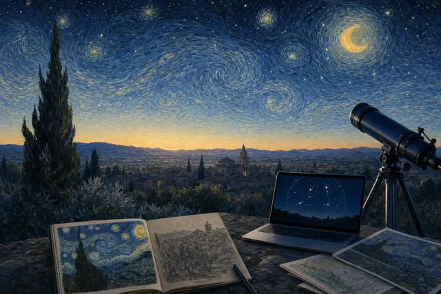 Editorial illustration for a report on the possible July 1889 sky behind van Gogh’s The Starry Night