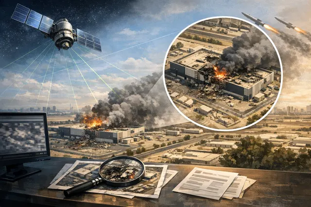 Satellite view showing damage at Amazon Web Services data center facilities in Bahrain after Iranian cruise missile strikes in July 2026