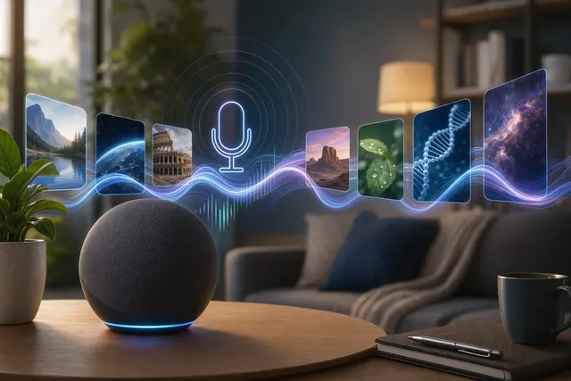 Concept illustration of Amazon Alexa generating AI podcast episodes on demand