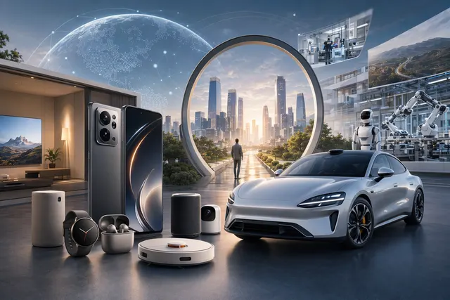 Editorial illustration of Xiaomi's smartphone, smart home and electric vehicle ecosystem strategy