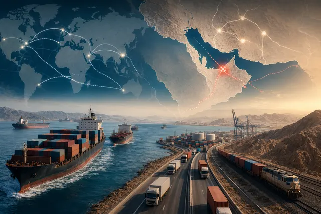 Cargo ships and tankers waiting near the Strait of Hormuz as regional supply chains reroute during the 2026 shipping disruption