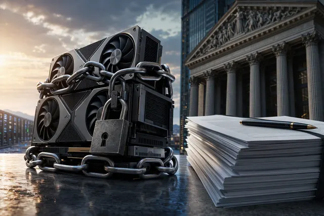 Illustration of Nvidia-style AI chips and data-center infrastructure used as collateral in financing