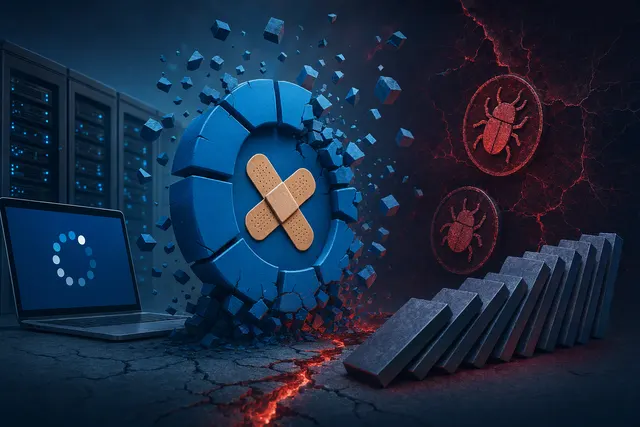 Editorial illustration representing Windows update troubleshooting and enterprise system reliability