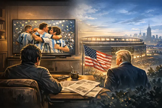 A split image showing Argentine President Javier Milei watching a football match from home on one side, and Donald Trump at a stadium on the other side, representing their differen
