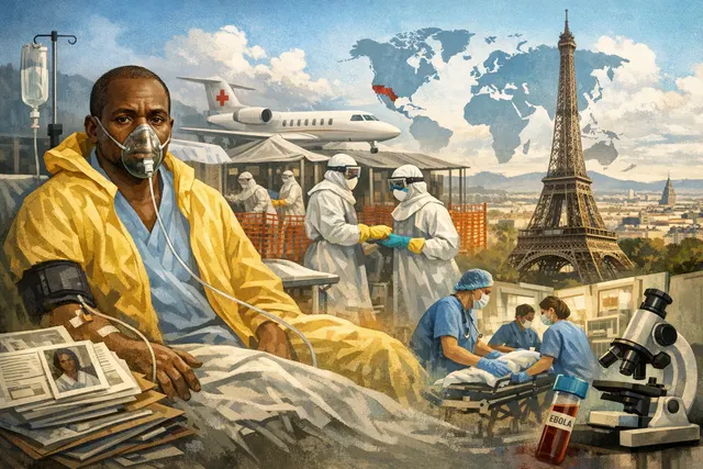 AI-generated visualization of the 2026 Ebola outbreak response, featuring a medical facility and humanitarian workers