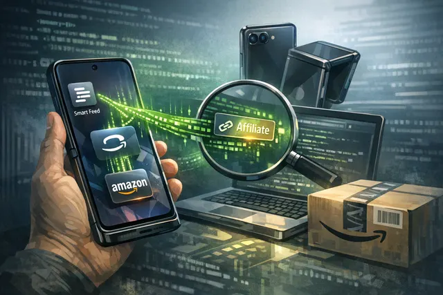 Motorola phone screen showing the Amazon app icon and a hidden affiliate-redirect warning illustration.
