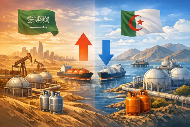 A split LNG tanker and storage facility illustration showing diverging market forces for Saudi Aramco and Sonatrach LPG prices