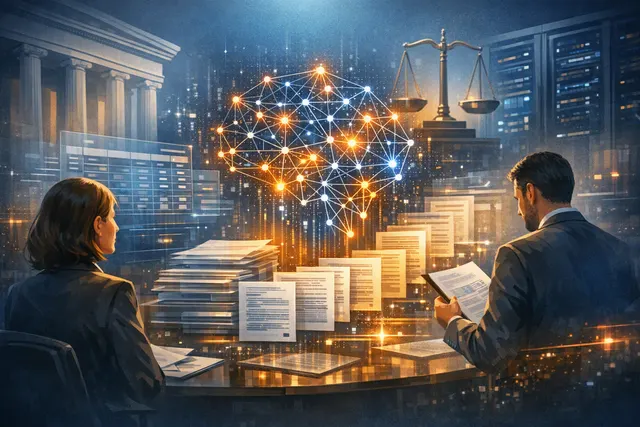 Abstract editorial illustration representing Thomson Reuters’ proprietary Thomson AI model and its hybrid strategy with external language models