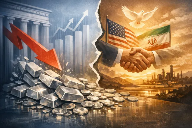 Silver bars and coins with a downward trending price chart in the background, representing the week's volatile selloff