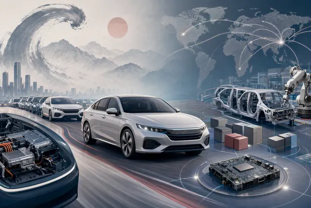 Editorial illustration of Honda’s cost-cutting response to Chinese electric-vehicle competition