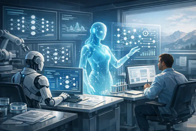 Abstract editorial illustration of an AI system researching and testing alignment methods for language models