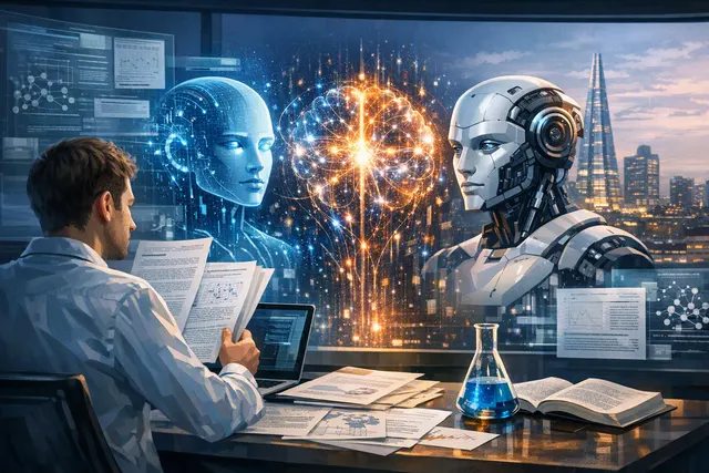 Conceptual illustration of an AI research agent coordinating scientific experiments and code