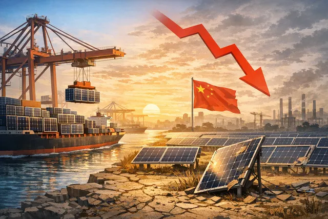 Solar panel array with diverging arrows showing domestic decline and export surge, illustrating China's solar industry paradox in April 2026