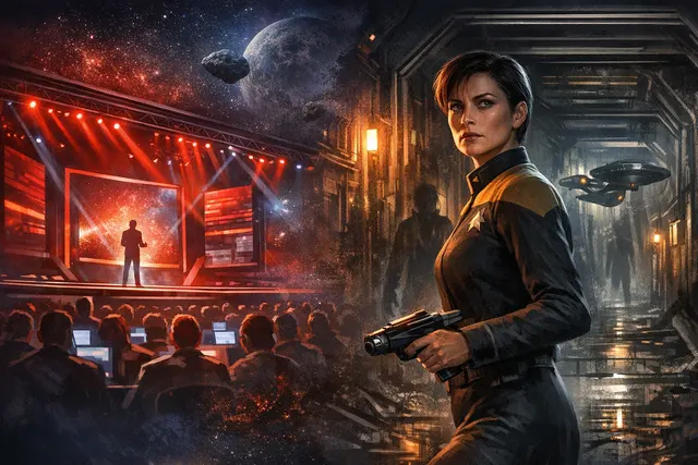 Montage of key announcements from PC Gaming Show 2026 including Star Trek characters and Total War Warhammer 40000 battle scene