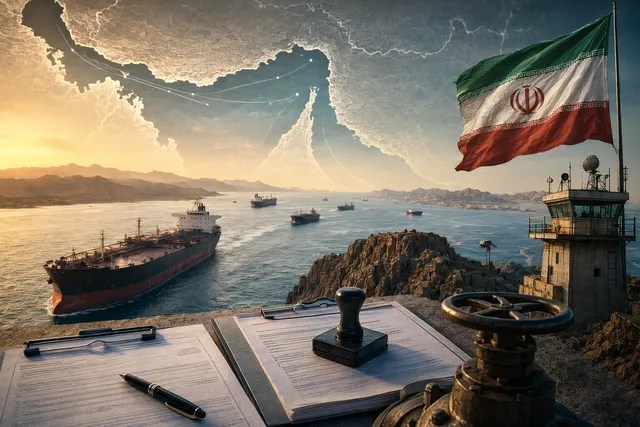 Illustration of oil tankers and shipping routes through the Strait of Hormuz as Iran introduces a permit system for vessel transit