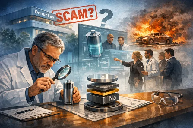 A visual representation of a battery cell being investigated under a magnifying glass with a futuristic tech backdrop.