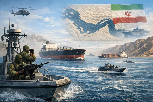A dramatic illustration of a naval confrontation in the Strait of Hormuz, showing military vessels and a disabled cargo ship.