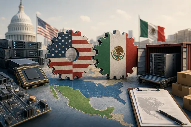 Illustration of cross-border AI hardware supply chains between Mexico, the United States, and China