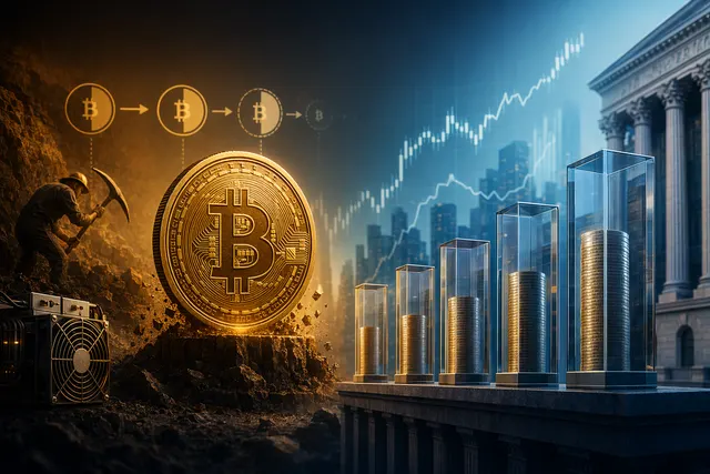 Illustration of Bitcoin with ETF flow charts and a four-year market cycle
