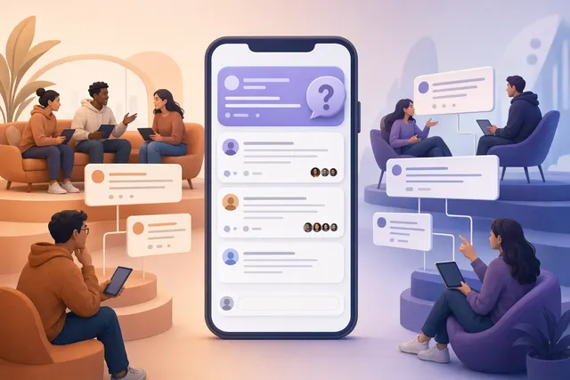 Concept illustration of Meta’s Forum app showing threaded community discussions similar to Reddit and Quora built around Facebook Groups